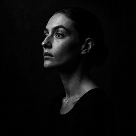 Black and white portrait of a beautiful woman on a dark background.