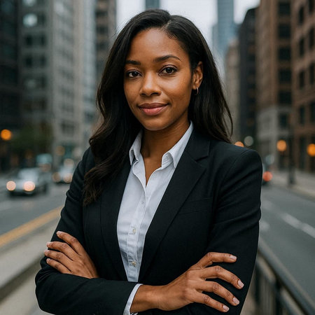 Portrait of young businesswoman with arms crossed in the city.の写真素材