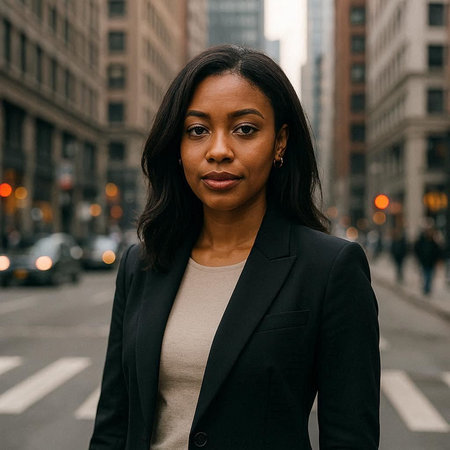 Beautiful african american business woman in black suit on the street.