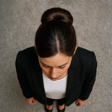 Top view of young businesswoman sitting on floor and looking down.の写真素材