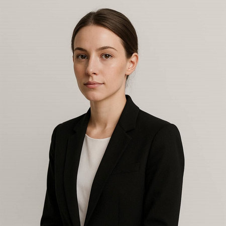 Portrait of a young business woman in a black suit on a gray background