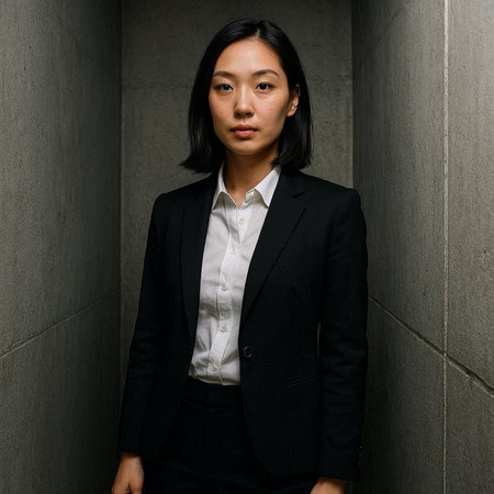Portrait of a young Asian businesswoman in black suit standing against wallの写真素材