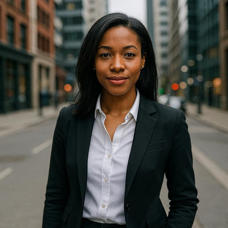 Portrait of a young African American businesswoman in a black suit in the city.の写真素材