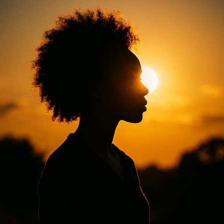 Silhouette of a beautiful African American woman with afro hairstyle at sunsetの写真素材