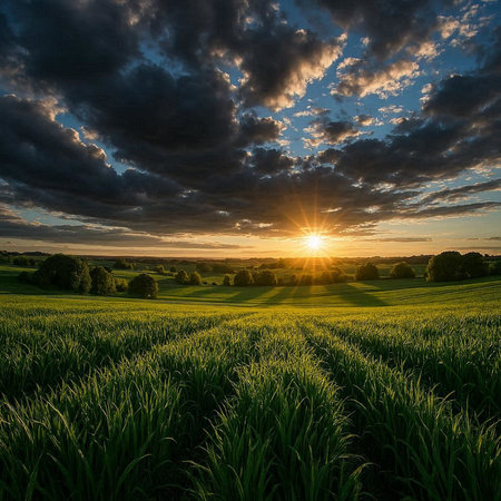 Sunset over a green field with a cloudy sky in the backgroundの写真素材