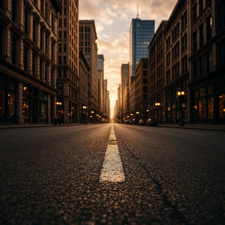 Empty asphalt road in the city. Perspective view of the road.