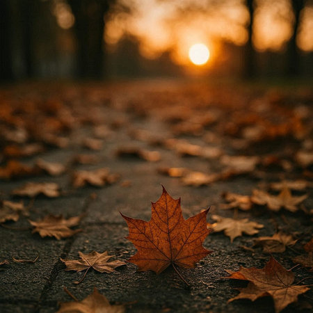 Autumn leaves on the road in the park at sunset. Selective focus