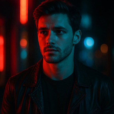 Portrait of a handsome young man in a leather jacket at nightの写真素材