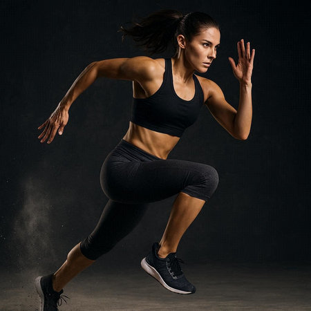 Sporty young woman in black sportswear is running on dark background