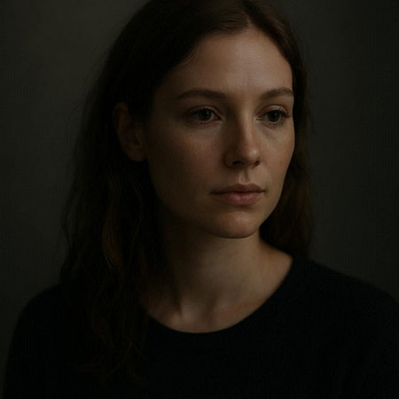 Portrait of a young beautiful woman with long brown hair on black background
