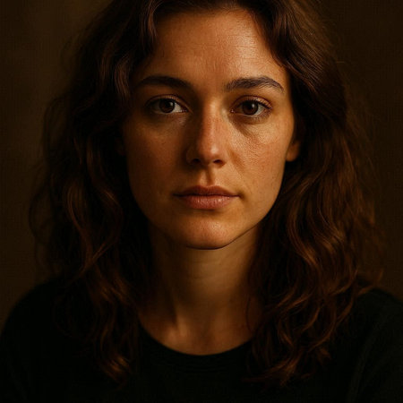 Portrait of a beautiful young woman with long brown curly hair.