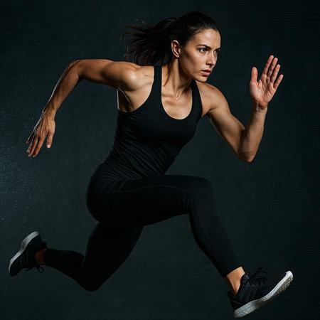 Portrait of a sporty young woman jumping against black background.の写真素材