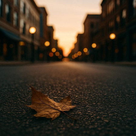 Autumn leaf on the road at sunset in London, UK.の写真素材