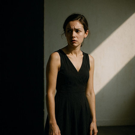 Portrait of a sad woman in a black dress on a dark background