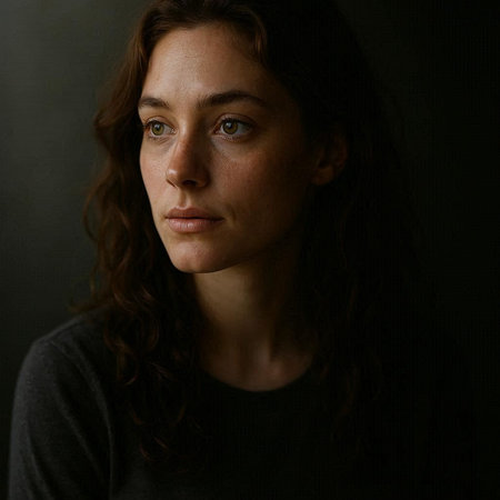 Portrait of a beautiful young woman on a dark background. Close-up.の写真素材