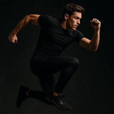 Handsome young man in black sportswear jumping on black background