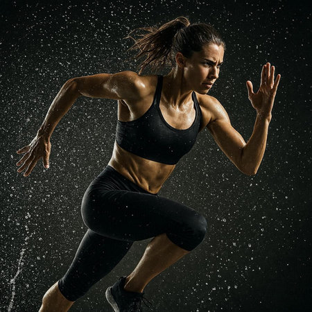 one caucasian woman runner jogger running under rain drops on black background in studio