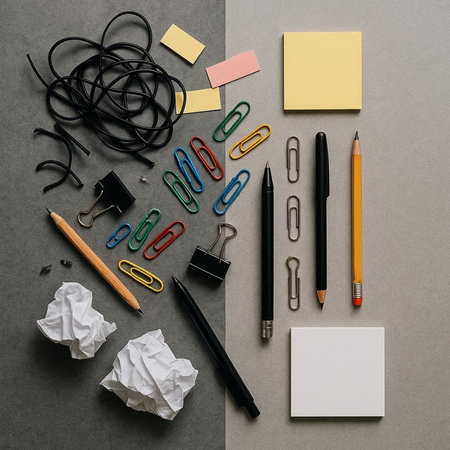 Set of office supplies on grey background. Flat lay, top view