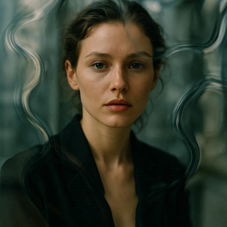 Portrait of a beautiful young woman in a black jacket. The girl looks at the camera.の写真素材