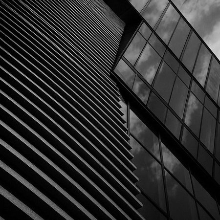 Modern office building. Architectural detail of modern building. Black and white.の写真素材