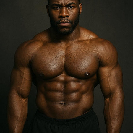 Handsome muscular black man posing in studio, looking at camera.