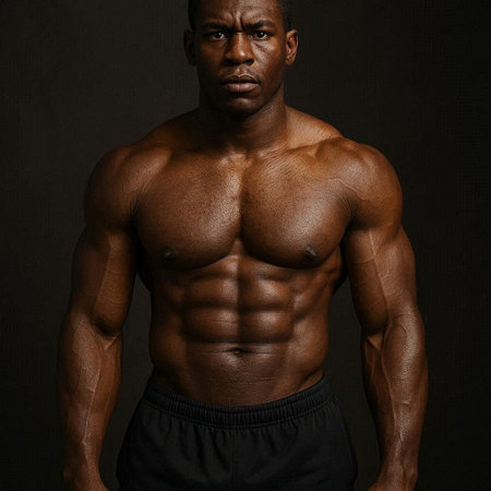 Portrait of a handsome muscular black man posing over dark background.の写真素材