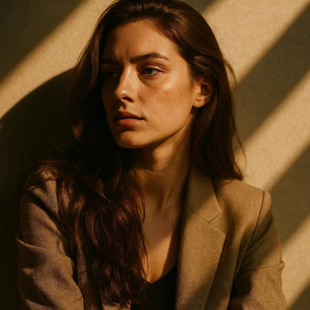 Portrait of a beautiful young brunette woman in beige coatの写真素材