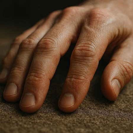 Hands of a man lying on a brown background. Close-up.