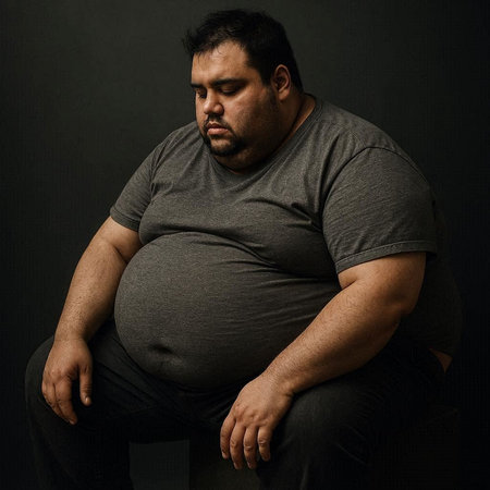 Overweight man sitting on a dark background, looking at his bellyの写真素材