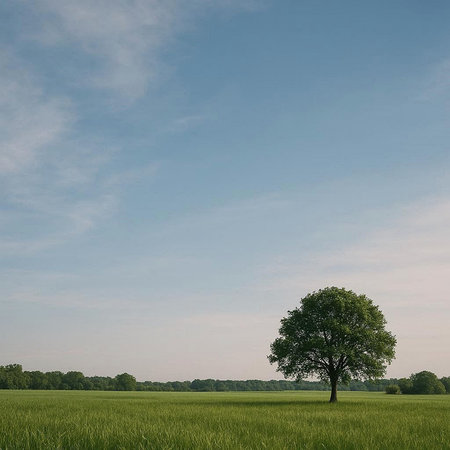 Lonely tree on a green meadow with blue sky background