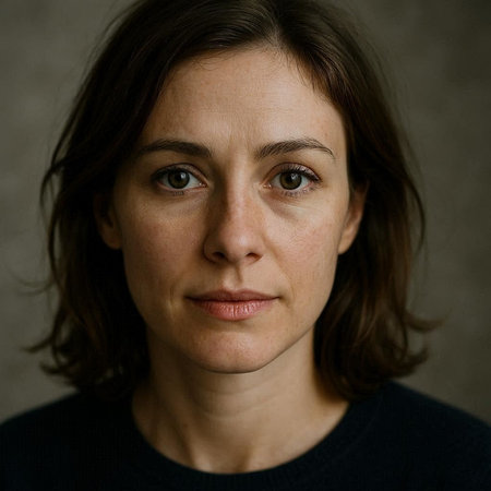 Portrait of a young woman with brown hair and freckles