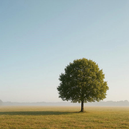 Single tree in a meadow on a misty morning in autumn