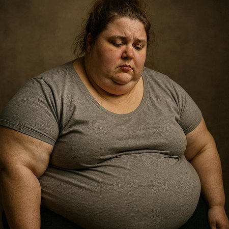 Overweight woman with a big belly in a gray T-shirt