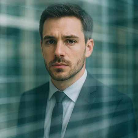 Portrait of a serious businessman on a background of the window.の写真素材