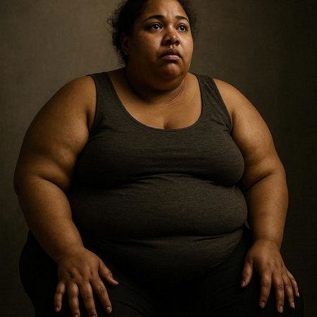 Fat black woman with big belly, studio portrait on dark background.