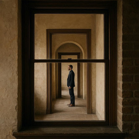 Man standing in the doorway of an old building, looking through the windowの写真素材