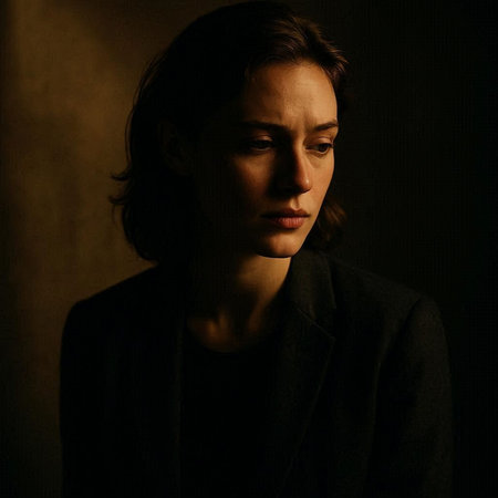 Portrait of a young beautiful woman in a black coat on a dark background