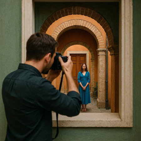 Photographer taking a picture of a young woman in the doorway.