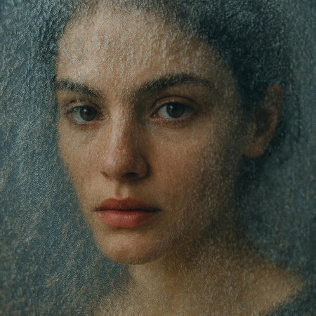 Close-up portrait of a beautiful woman behind a wet glass.