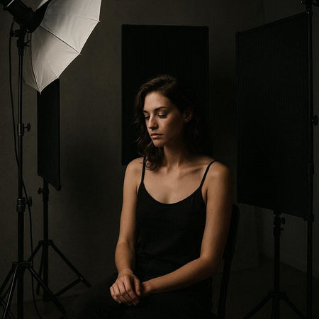 Portrait of a beautiful young woman in a black dress in the studio