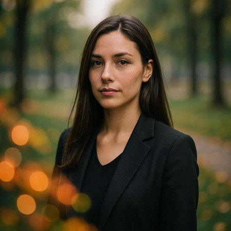 Portrait of a beautiful young brunette woman in a black coat on a background of autumn park