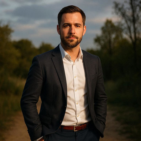 Portrait of a handsome man in a business suit in the field.
