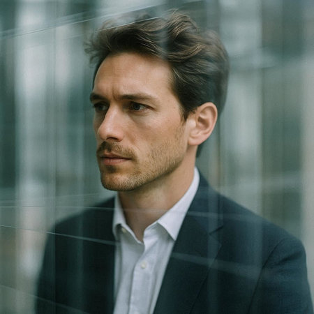 Portrait of a handsome man in a business suit on the background of a glass wall