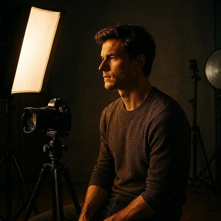 Handsome young man in a dark room with a lamp.