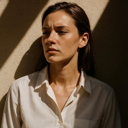 Portrait of a beautiful young woman in a white shirt on the background of a wall