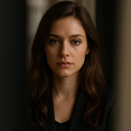 Portrait of a beautiful young woman in a black suit looking at the camera