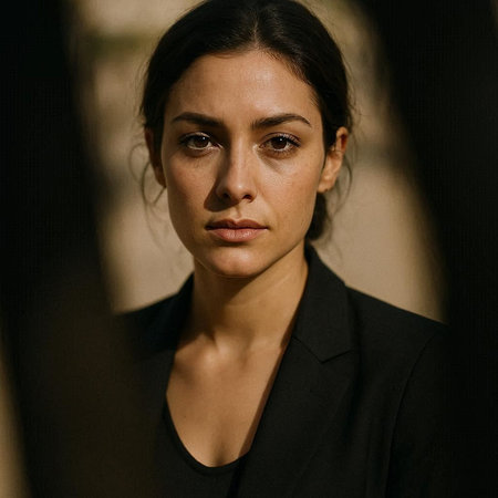 Portrait of a beautiful young brunette woman in a black suit.
