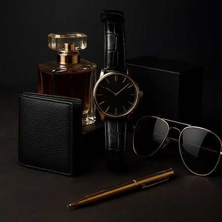 Men's perfume, glasses, watch and wallet on a black backgroundの写真素材
