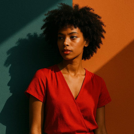 Portrait of beautiful african american woman with afro hairstyle wearing red blouse posing against...