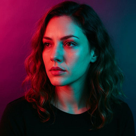 Portrait of a beautiful young woman with long wavy hair in neon light